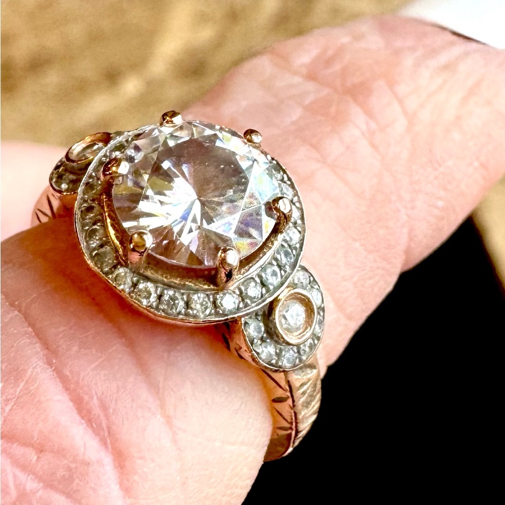 Solid Rose Gold Pale Pink 3 Stone Round Genuine Moissanite Halo Ring